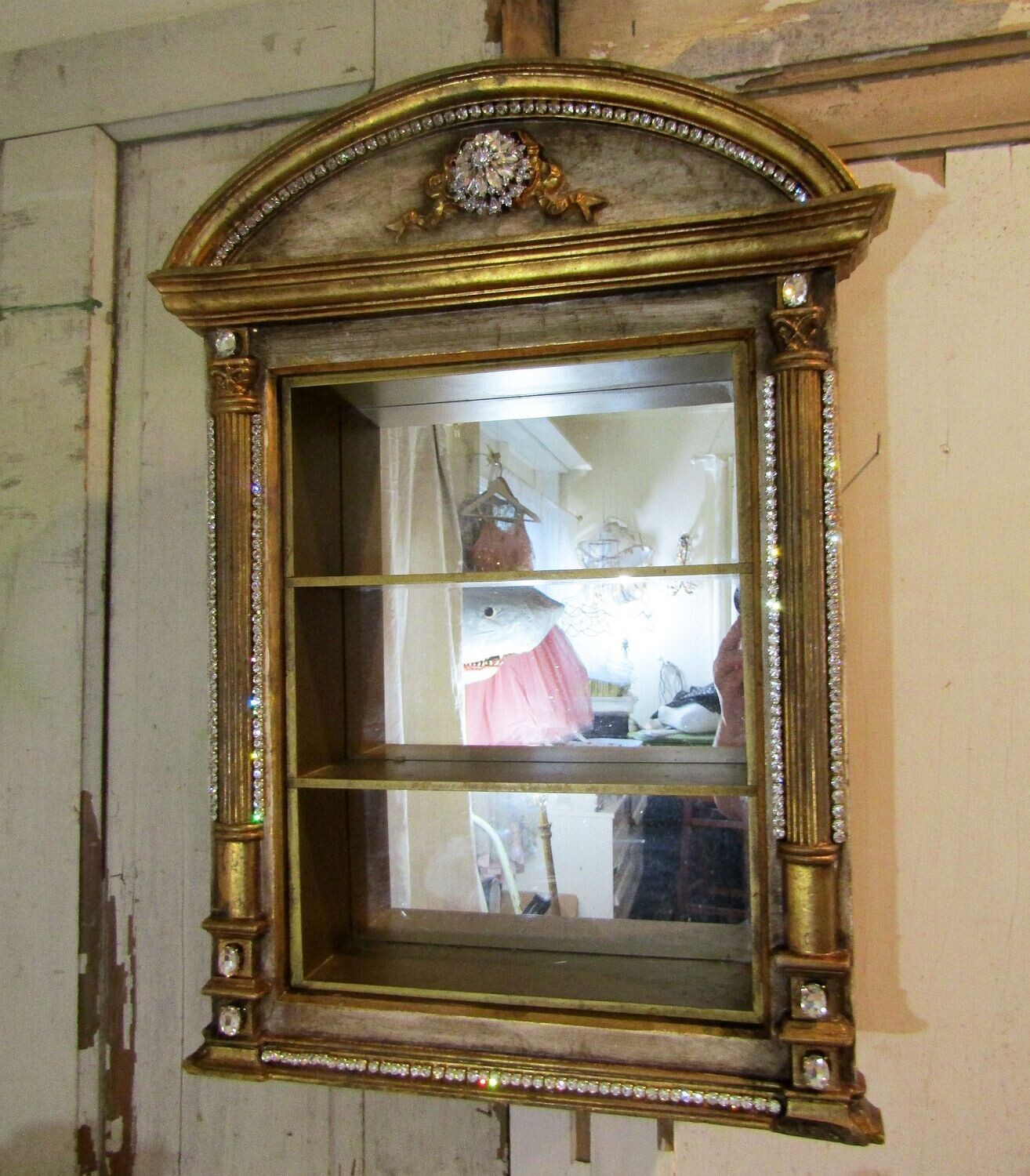 Fancy Gold washed shadowbox mirrored shelf French Italian inspired curio showcase with mirror