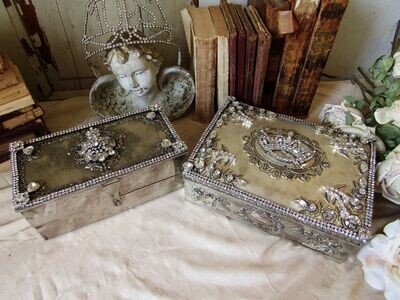 This set has sold.Set of silverplate jewelry boxes embellished in rhinestone jewel pieces, mothers day gift