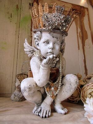 SOLD Cherub statue with crown, distressed cream white Cherubim with handmade one of a kind crown ,anita spero design