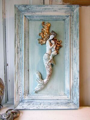 DO NOT PURCHASE Large framed mermaids sculpture wall decor, golden haired mermaid wall hanging
