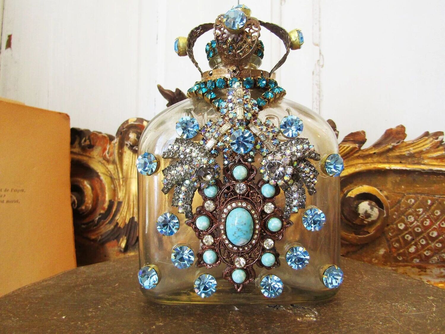 Stunning blue teal rhinestone altered bottle, turquoise and rhinestone crystal