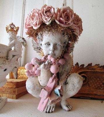 Cherub statue with pink gold rose halo crown, handmade rose crown adorned angel with large rosary and embellishments by Anita Spero Design
