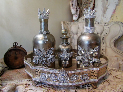 Hand painted ornate rhinestone bottles with silver plate tray by anita spero design
