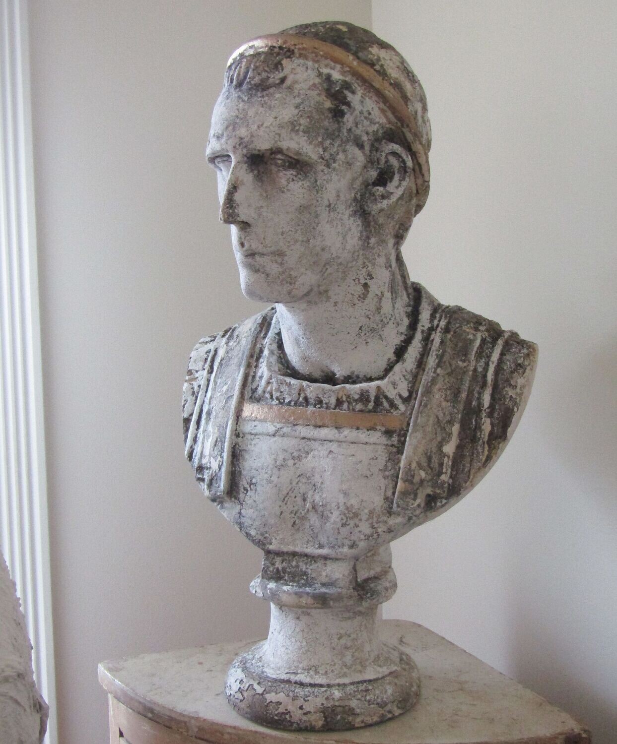 Rare very large masculine Gladiator Bust table statue, white with aged patina antique distressed plaster male