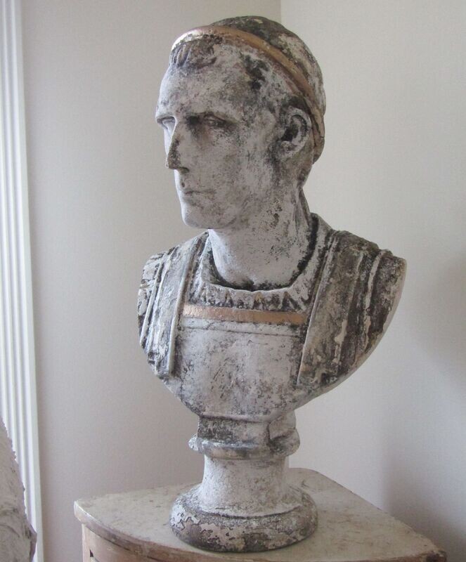 Rare very large masculine Gladiator Bust table statue, white with aged patina antique distressed plaster male Rare very large masculine Gladiator Bust table statue, white with aged patina antique distressed plaster male