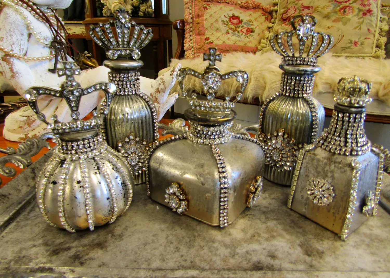 Jewel embellished mercury glass jars bottles with crown stoppers and matching tray, hand painted silver rhinestone