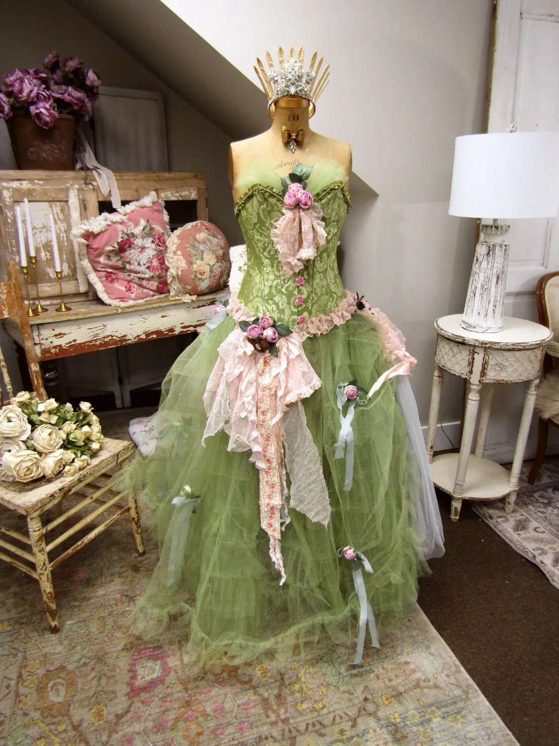 Amazing embellished altered dress mannequin dress form vintage antique handmade green and pink rose dress with crown by Anita Spero Design