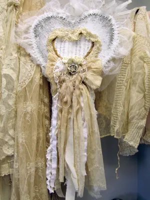 Large white heart wall hanging, decorated ruffled shabby heart, bundle of French Tambour, other laces and tattered rag fabrics Anita Spero