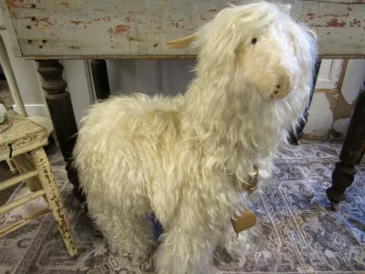 Ivory white sheep ottoman footstool midcentury modern, vintage real horns original button eyes quirky lovely and cute anita spero design