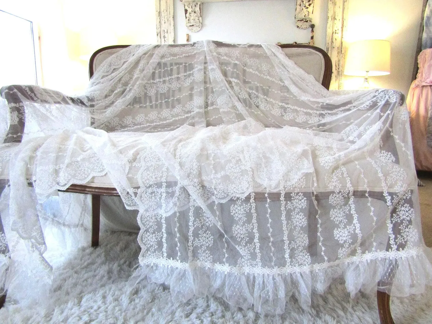 Flowy white lace tablecloth with ruffled ends, versatile French cottage embroidered lace runner bed scarf anita spero design