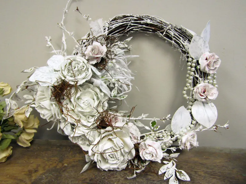 White floral vine wreath wall decor embellished plaster painted dipped roses, flowers and pearls shabby French Nordic Anita Spero Design