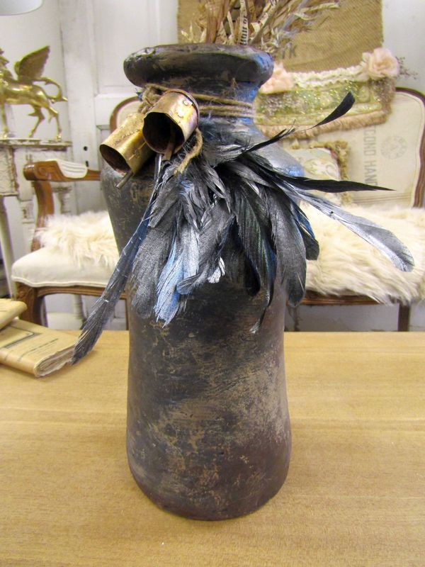 Aged pottery vessel vase, dark gray zinc and beige matte sheen plaster clay, vintage collectible piece anita spero design