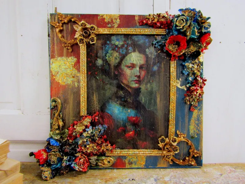 Mixed media collage with beautiful fair skinned woman decoupaged on wood, colorful floral filled  home decor Anita Spero Design