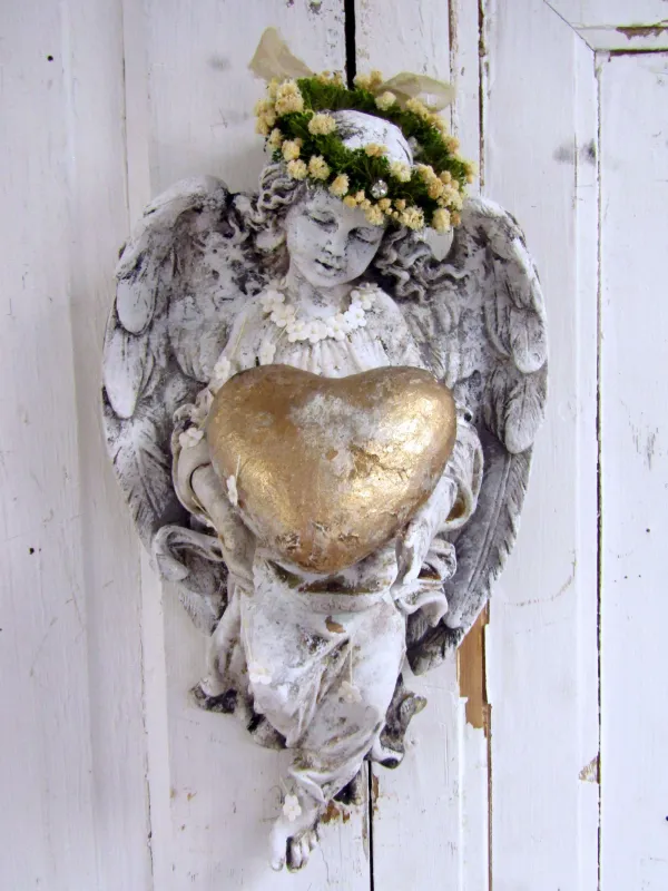 Angel wall sculpture with crown and heart wall hanging home decor, distressed painted cherub aged patina Anita Spero design