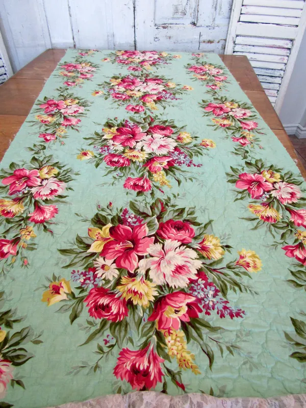 Cottage floral tablecloth runner, colorful versatile rare fabrics antique vintage roses and floral bed scarf or throw anita spero design