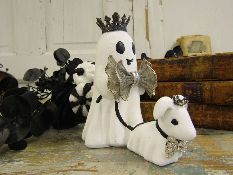 Ceramic ghost with crown walking ghost dog with crown, embellished with vintage jeweled bows, Halloween home decor anita spero design