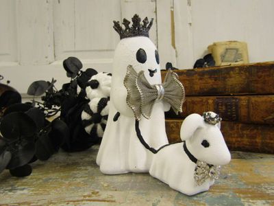 Ceramic ghost with crown walking ghost dog with crown, embellished with vintage jeweled bows, Halloween home decor anita spero design