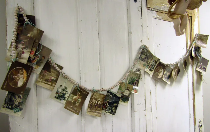French winter antique postcard garland, Christmas collectible bunting mostly French cards anita spero design