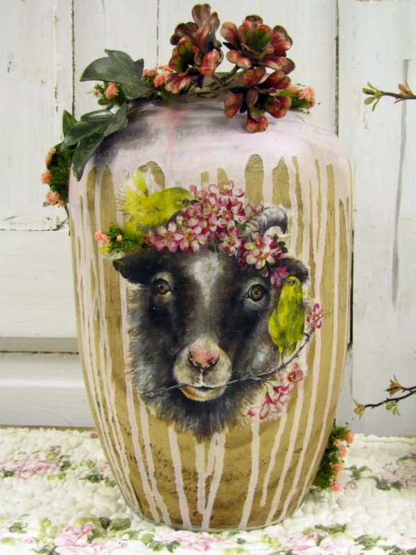 Farmhouse wood cow vase embellished with antique tole flowers; wooden vessel comes with the floral bouquet seen in photos