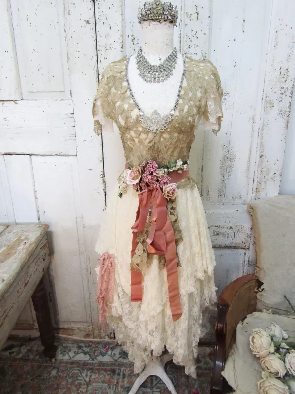 Altered mannequin dress form beautiful cottage colors, gold handmade lace top with cream white lace ruffle skirting anita spero design