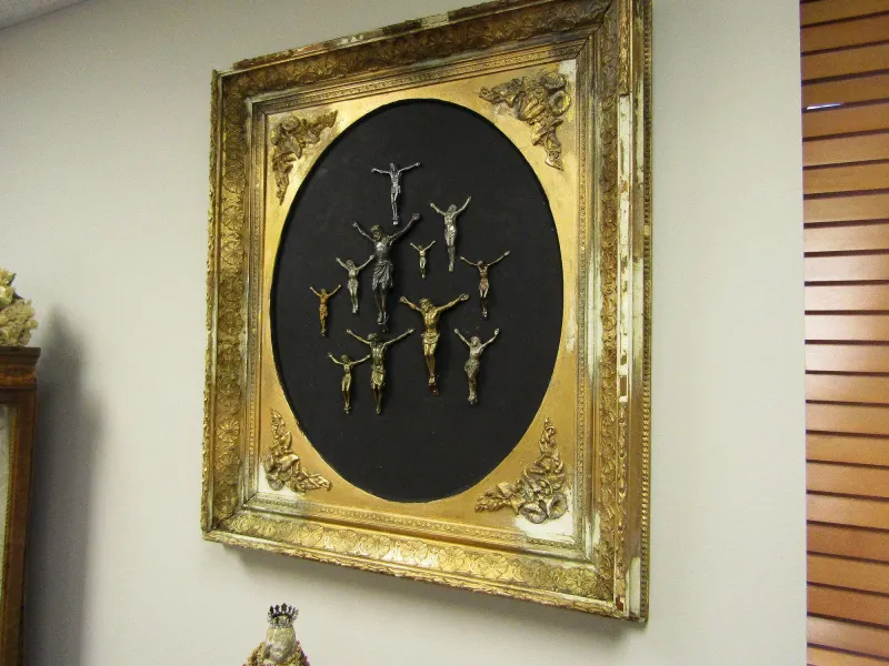 Antique gold wall frame w/ Jesus figure collection on black background, French to Spanish religious Santos statement art anita spero design