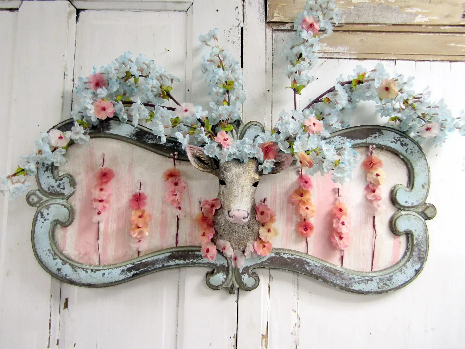 Framed fairytale cottage buck head with foliage flowers in beautiful pastel covered branch antlers wall decor original anita spero design