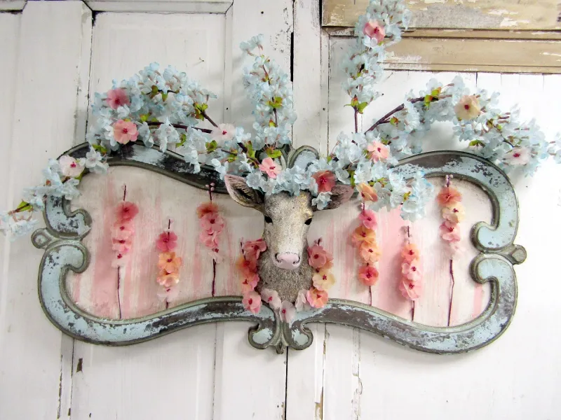 Framed fairytale cottage buck head with foliage flowers in beautiful pastel covered branch antlers wall decor original anita spero design