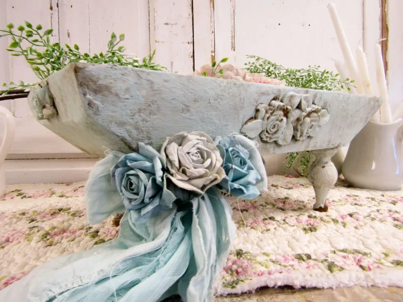 Rustic French country carved bowl with spindle legs, detailed and adorned with a garland swag table decor Anita Spero design