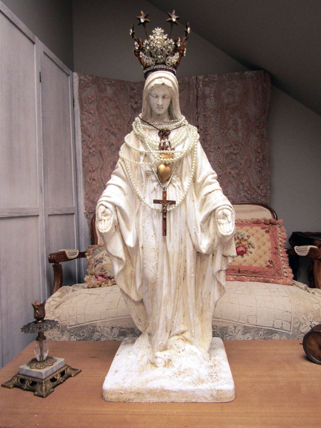 Large distressed Virgin Mary statue with jeweled crown by anita spero design