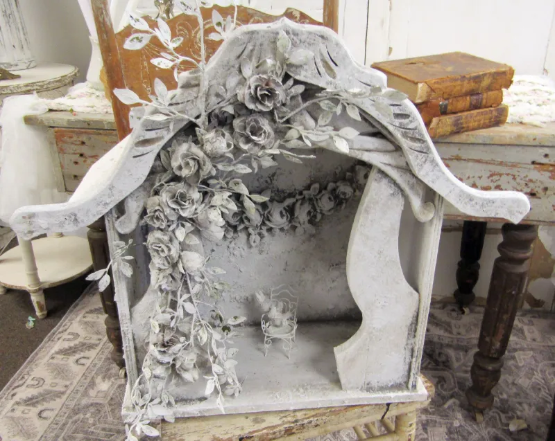 Handmade open showcase shadowbox display case plastered floral leaves antique cast Barbola roses swags inside Anita Spero design