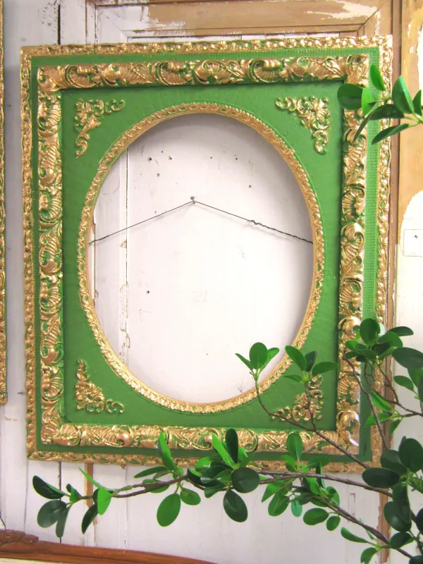 Ornate antique wall frame, green and gold wood and gesso, hand painted by anita spero design
