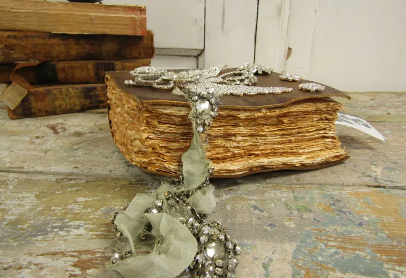 Handmade soft gold leather journal jeweled, deckled pages gift of love by anita spero design