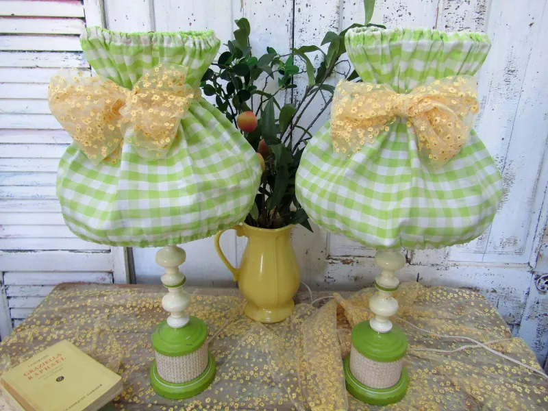 Vintage shabby lamps with gingham shades, Lime and white fun lamps with original shades pretty rare night lights glass bases