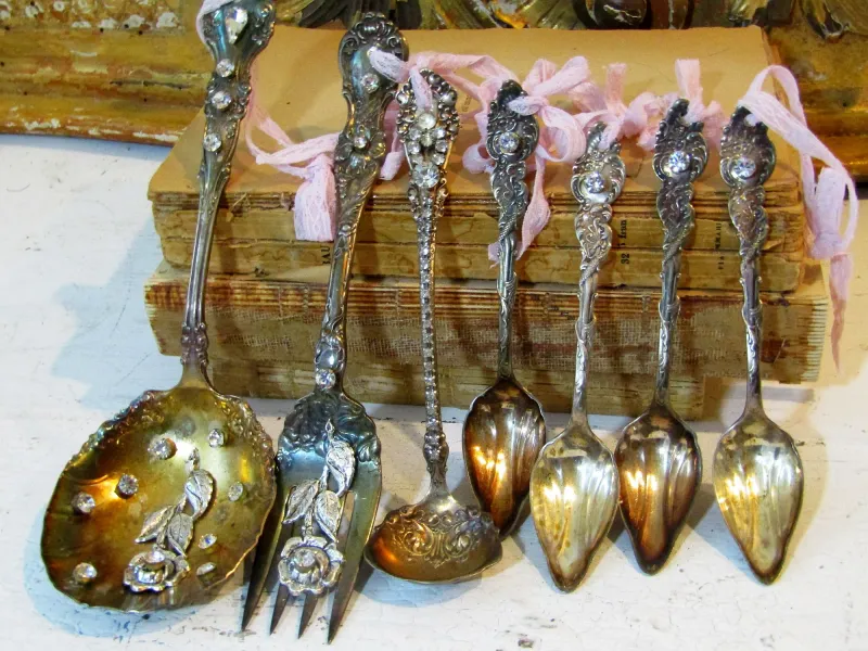 Rhinestone jeweled silverplate flatware collection, unique gift idea