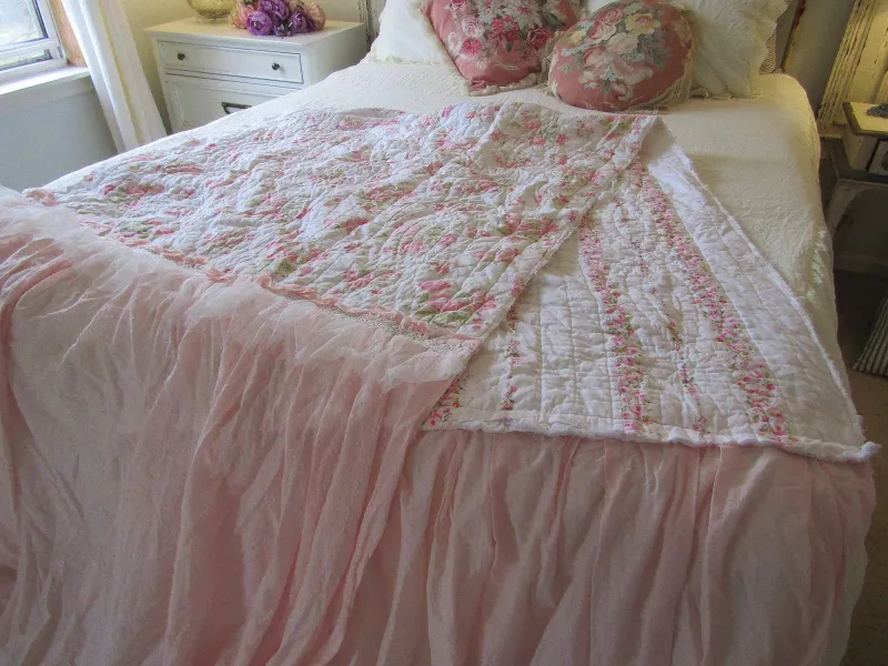Vintage pink roses lace quilted throw with pink cotton panels, handmade shabby cottage runner bed scarf ruffled raw edges Anita Spero design
