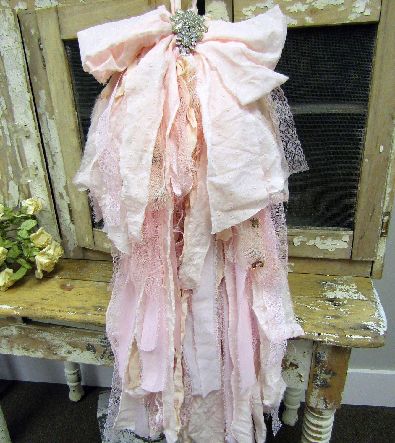 Large pink rag bow wall decor, handmade shabby cottage bow for home, chairs, throw for beds, present toppers Anita Spero design