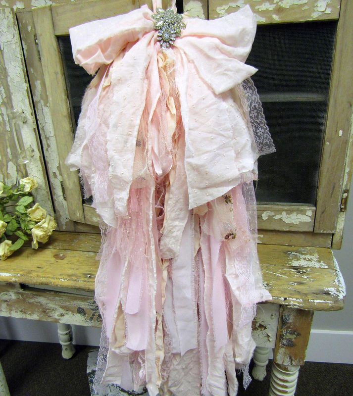 Large pink rag bow wall decor, handmade shabby cottage bow for home, chairs, throw for beds, present toppers Anita Spero design