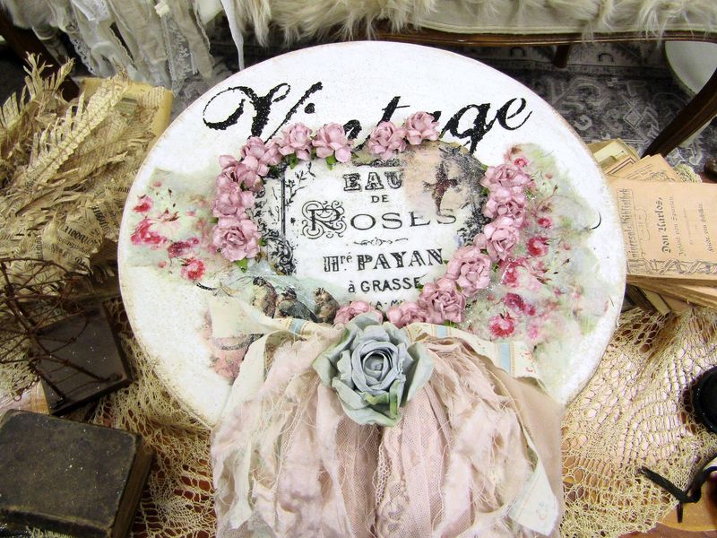 Handmade embellished hat box with lid adorned in tattered fabric, lace and roses, beautiful gift box or storage by Anita Spero design