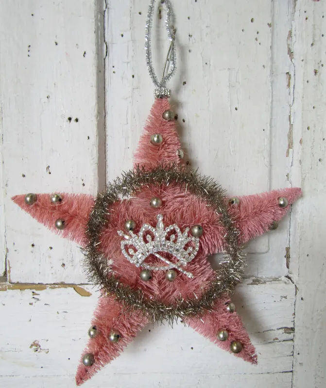 Large vintage pink bottlebrush star original tinsel wreath w/ silver balls, shabby Christmas adorned rhinestone crown anita spero design