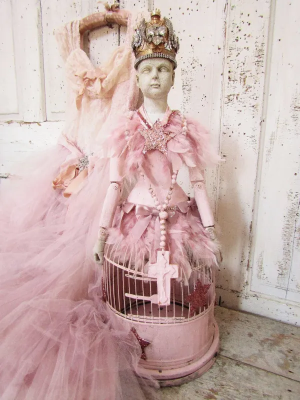Shabby chic peony pink large crowned cage doll statue, beautiful created angel adorned gold crown altered birdcage by Anita Spero Design