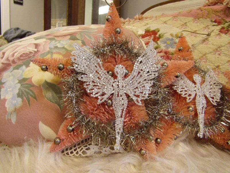 Shabby vintage pink bottlebrush star ornament with angel, Christmas cottage home decor or gift anita spero design