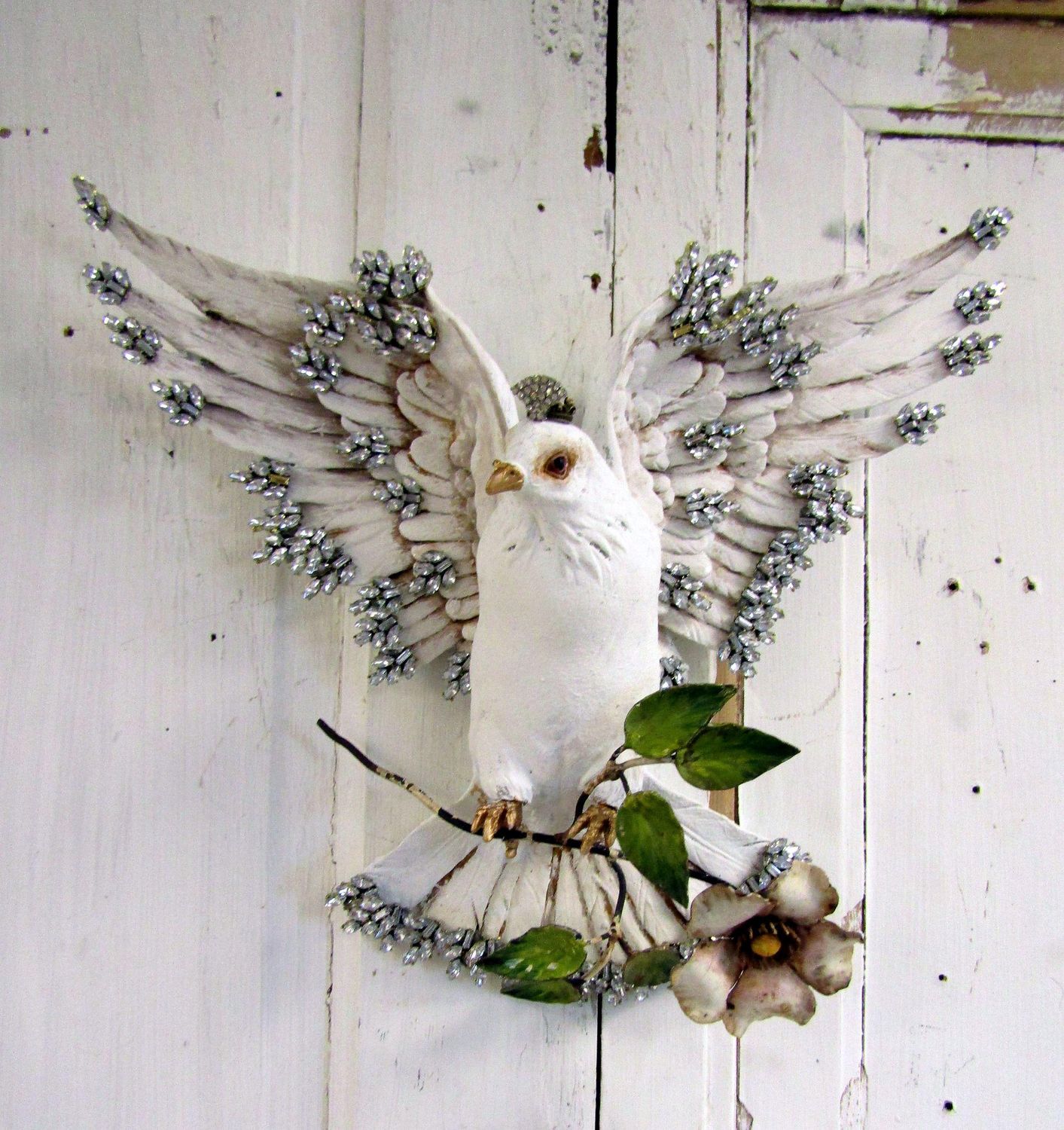 White Peace Dove wall decor clutching antique Tole flower with jeweled wings Anita Spero Design