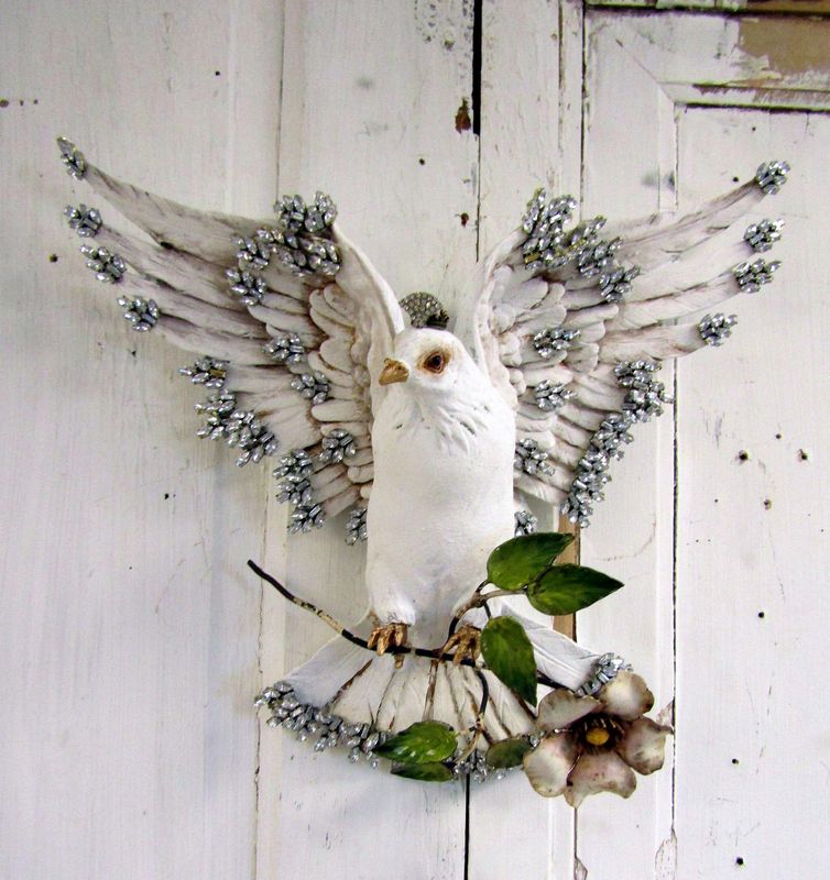 White Peace Dove wall decor clutching antique Tole flower with jeweled wings Anita Spero Design