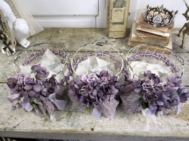 Romantic floral wire baskets set of 3, muted heather violet floral and tattered ribbon distressed whites weddings by Anita Spero design
