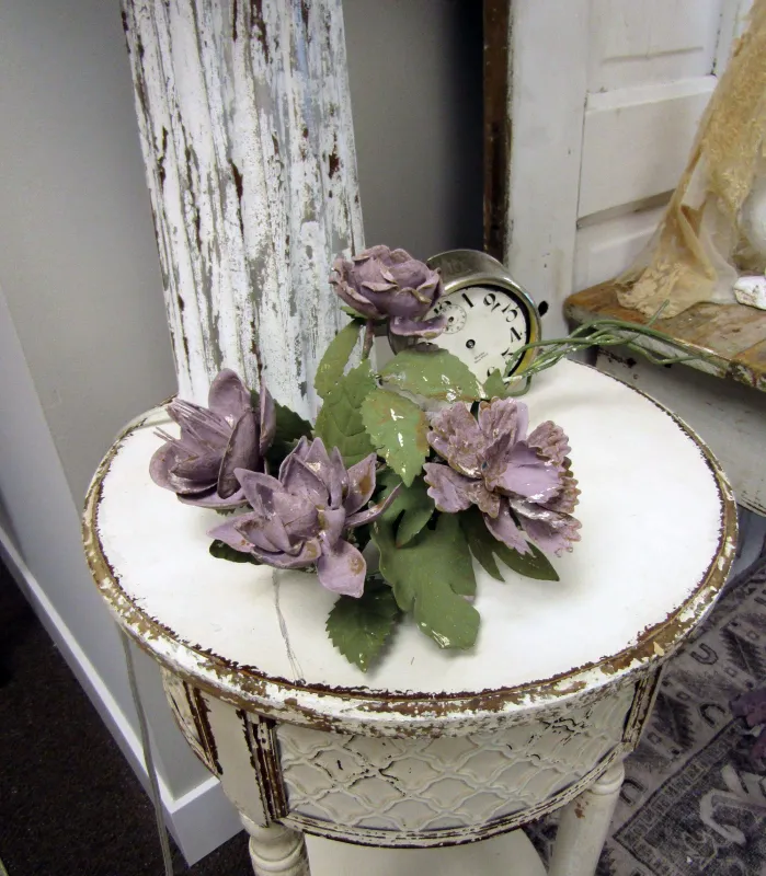 Metal flower cluster heather salvaged distressed patina painted light muted lavender flowers table or wall decor anita speero design