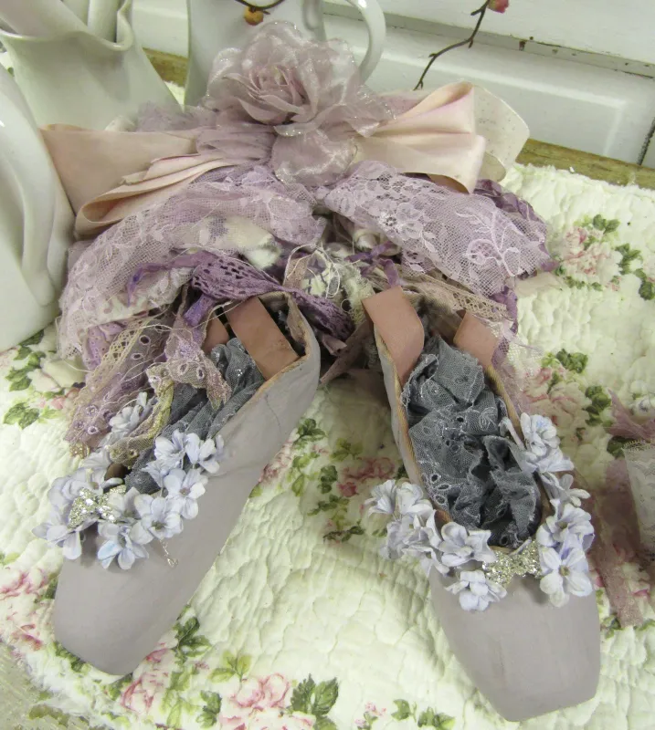 Shabby mute heather lavender ballet pointe shoes cluster, slippers filled with lace and handmade roses wall decor anita spero design