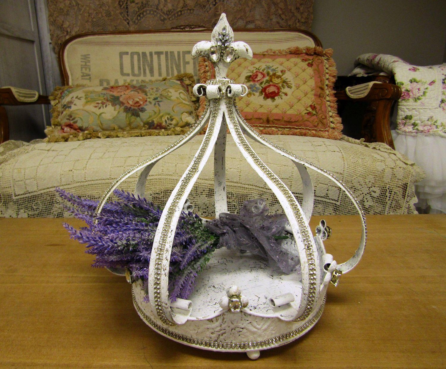 Large white metal crown rhinestone display tabletop, distressed plant holder with rhinestone trim and Lavender bouquet anita spero design