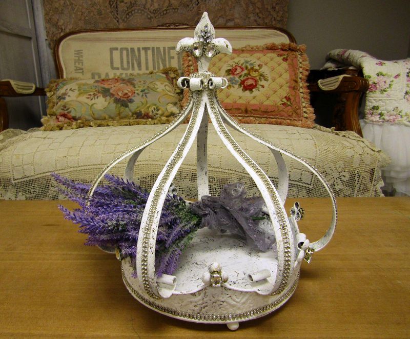 Large white metal crown rhinestone display tabletop, distressed plant holder with rhinestone trim and Lavender bouquet anita spero design