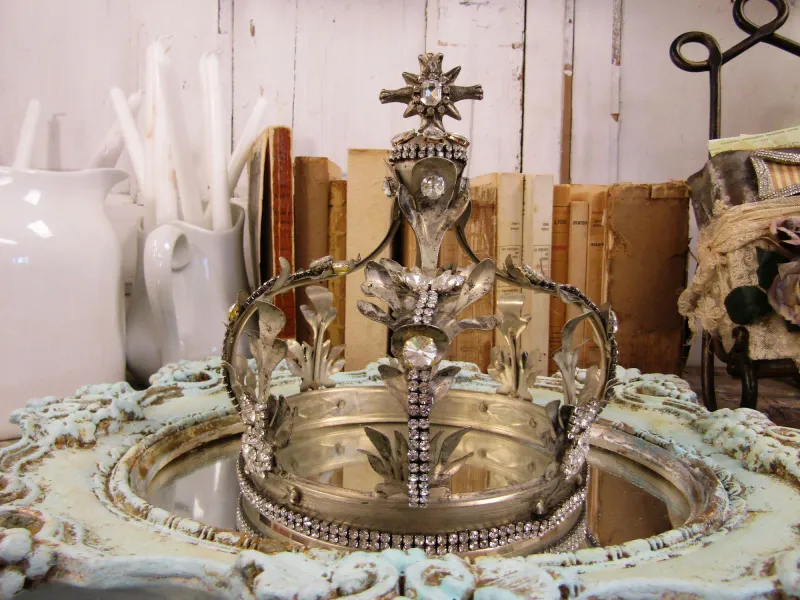 Silver tin distressed crown- rhinestone jeweled crown- crown for statues and religious figures-collectible recreated crown-aged patina crown