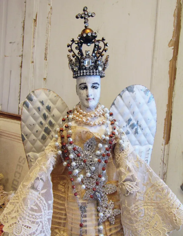 Santos crowned cage doll white wings, handmade  vestment gown religious symbol collectible anita spero design